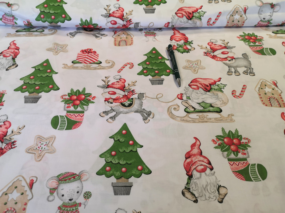 Karácsonyi mintás pamutvászon - fehér alapon rénszarvas - télapó mintás -160 cm