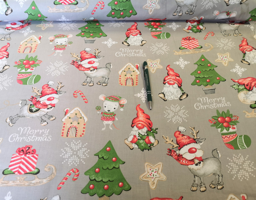 Szürke karácsonyi mintás pamutvászon - rénszarvas - télapó mintás160 cm