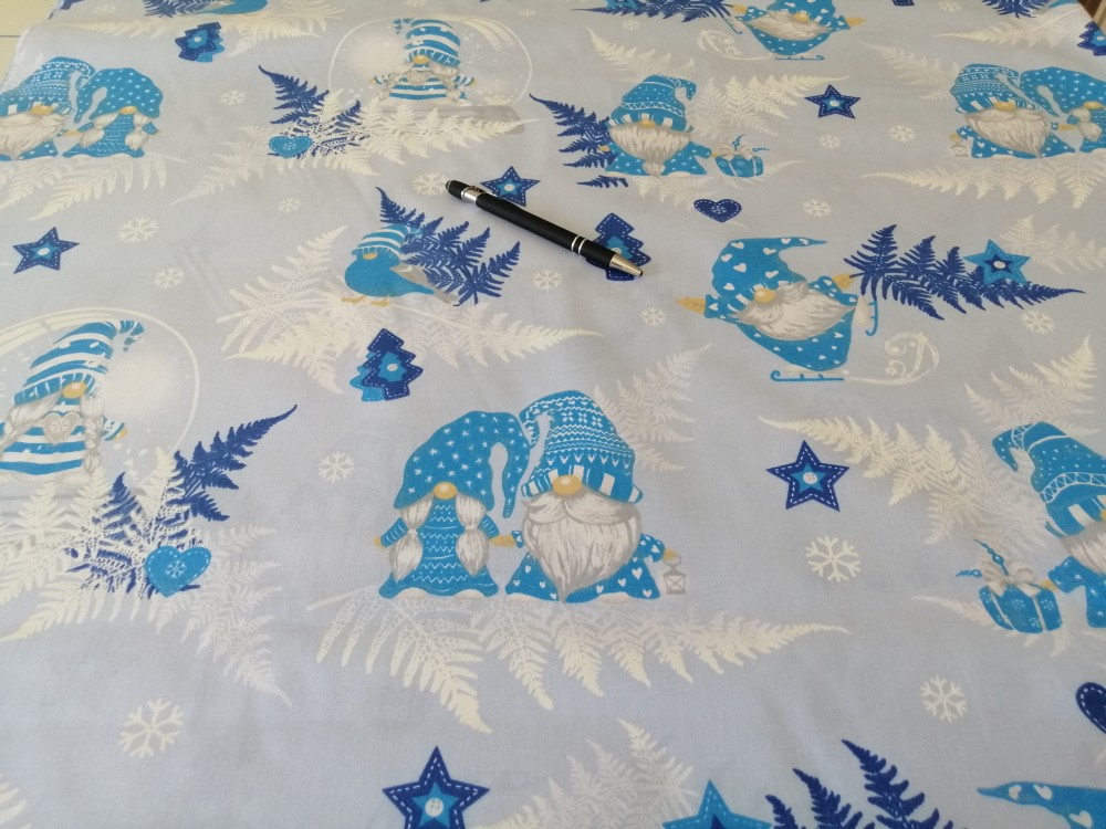 Karácsonyi pamutvászon textília kék manós - páfrányos mintával