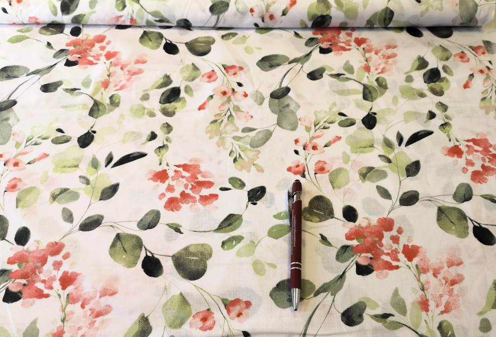 Pamutvászon textil - 160 cm / barack virág - zöld levél mintás