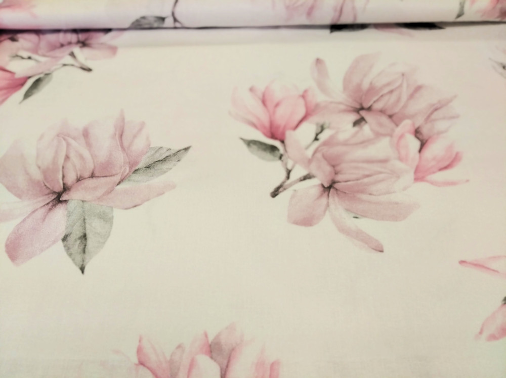 Gyönyörű rózsaszín magnólia mintás pamutvászon textil - 160 cm