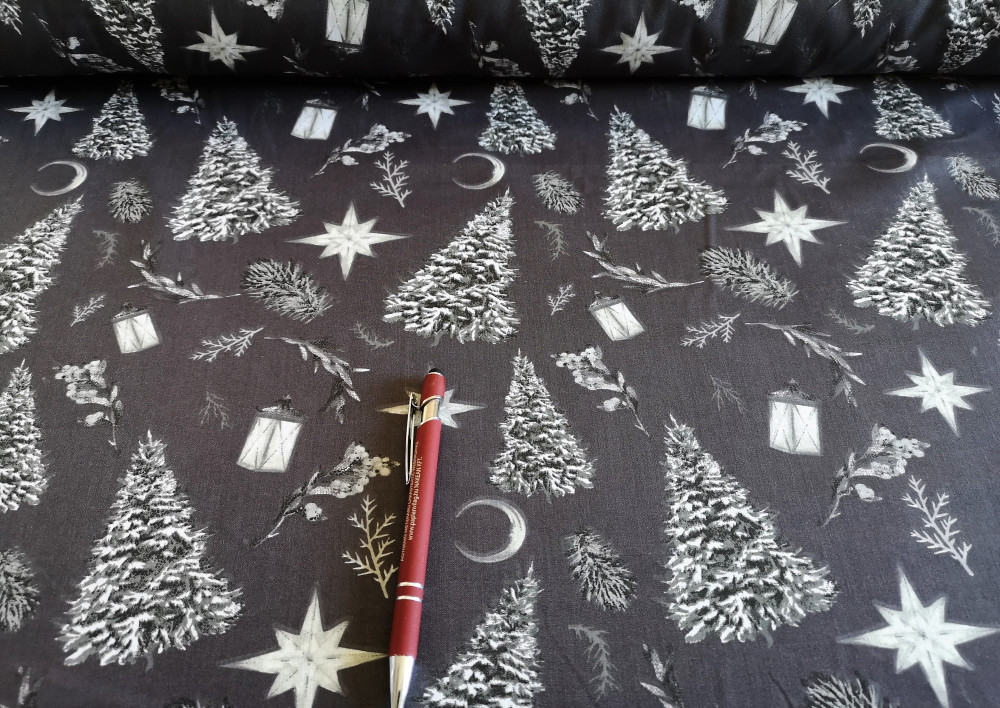 Szürke alapon ezüstfenyő mintás karácsonyi pamutvászon - 160 cm széles 
