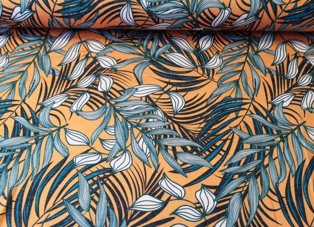 Narancssárga alapon trópusi levél mintás jacquard textil - 150 x 100 cm