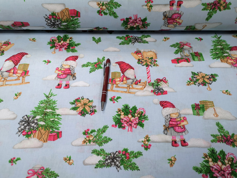 Kislány - szánkó mintás karácsonyi pamutvászon textil - szürkéskék - 160 cm széles