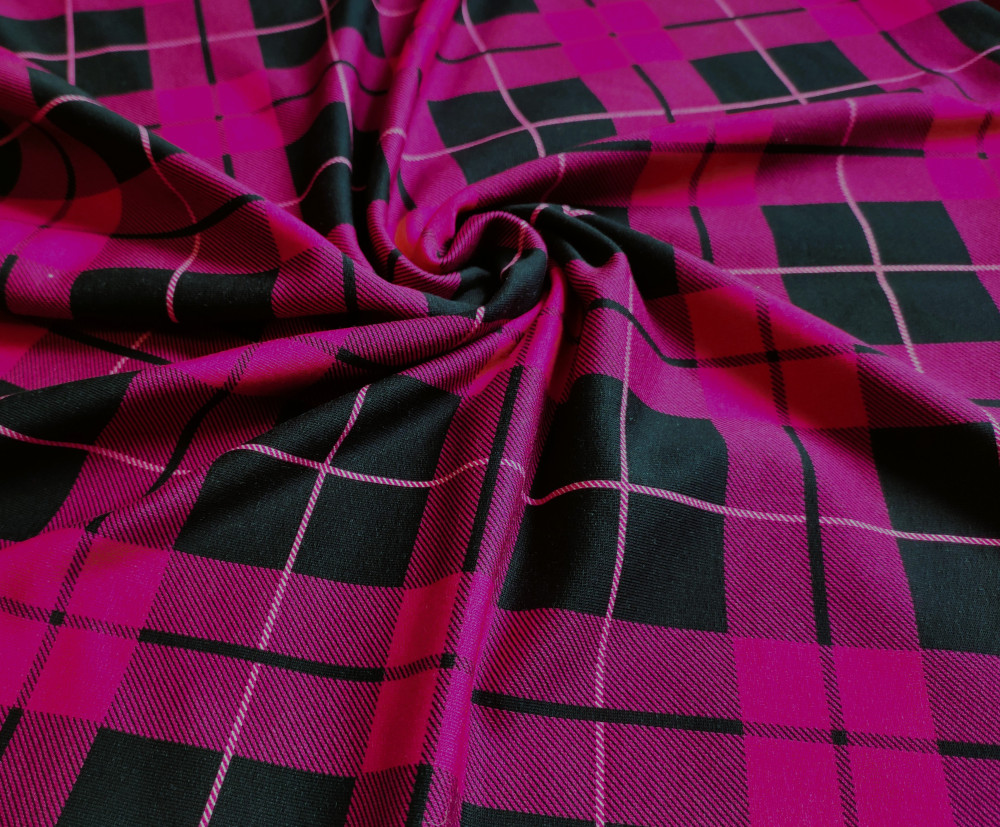Pink - fekete kockás rugalmas futter textil - 170 x 65 cm 