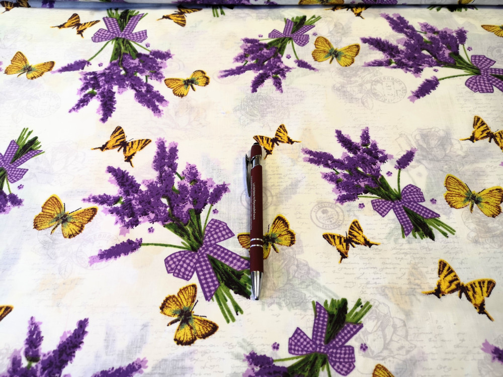 Levendula virágcsokor - pillangó mintás pamutvászon méteráru - 160 cm