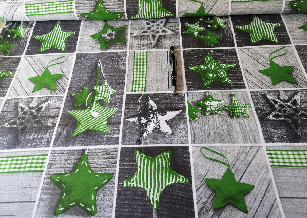 Zöld - szürke karácsonyi csillag mintás pamutvászon