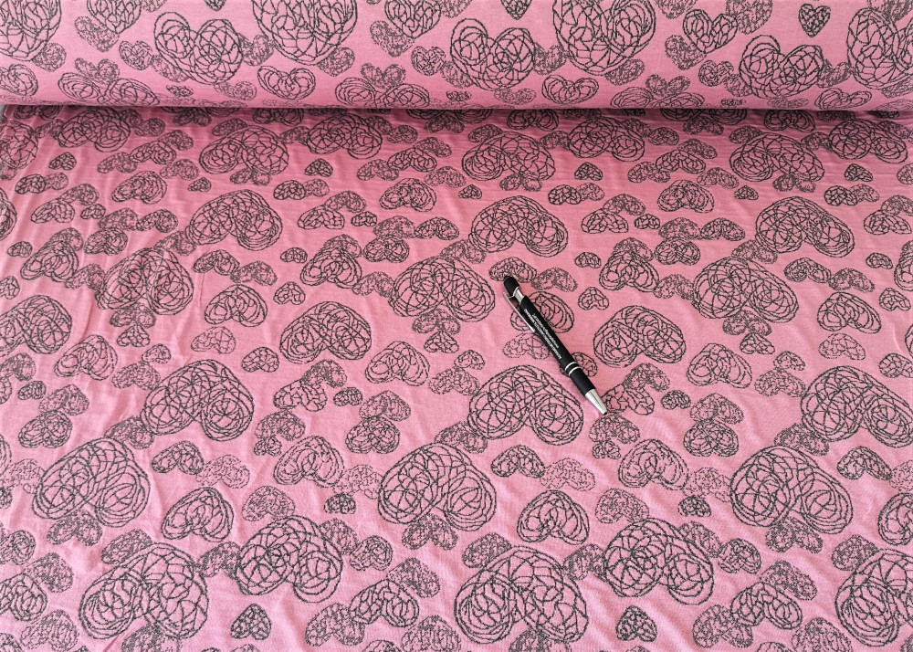 Rózsaszín - szürke szíves jacquard textil - 160 cm