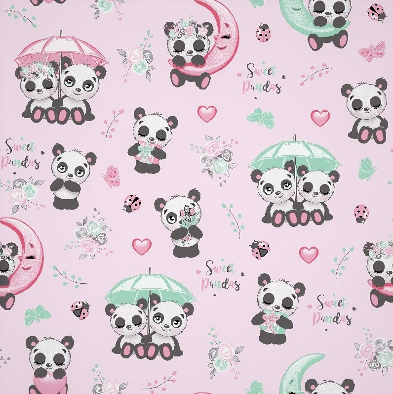 Rózsaszín alapon édes panda mintás flanel textil 160 cm