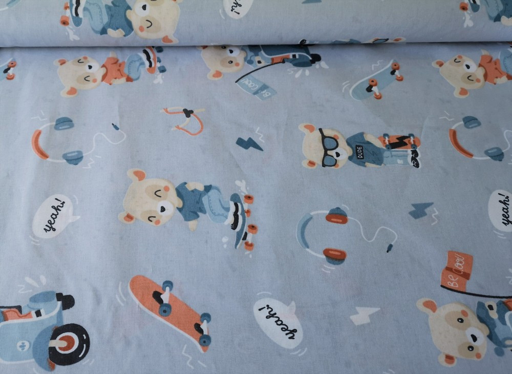  Maradék Pamutvászon textil / Gördeszkázó Maci mintás 120 x 25 cm