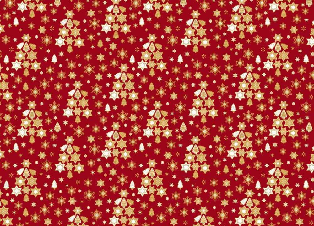 Arany - piros karácsonyfa - csillag mintás pamutvászon - 160 cm