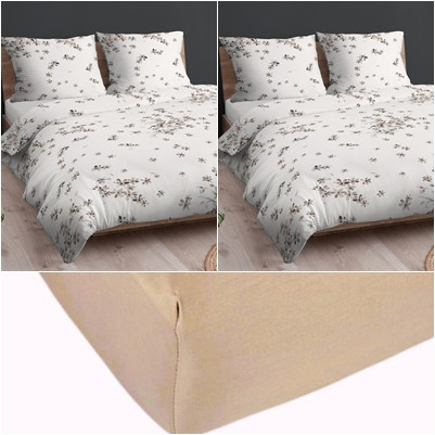 Akciós ágynemű szett: 2 db pamut 140x200 cm ágynemű barna bokrétás + 160x200 cm gumis szürkésbarna pamut lepedő együtt