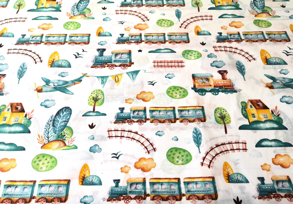 Pamutvászon textil - 160 cm / zöld - barna repülő - vonat mintás