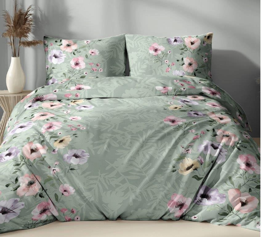 Image of 3 részes pamut ágynemű huzat szett - 140x200 cm / pasztell menta zöld virág bordűrös