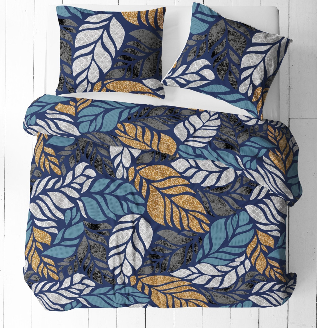 Image of 3 részes pamut ágynemű huzat szett - 140X200 cm / sötétkék alapon színes pálmalevél mintás