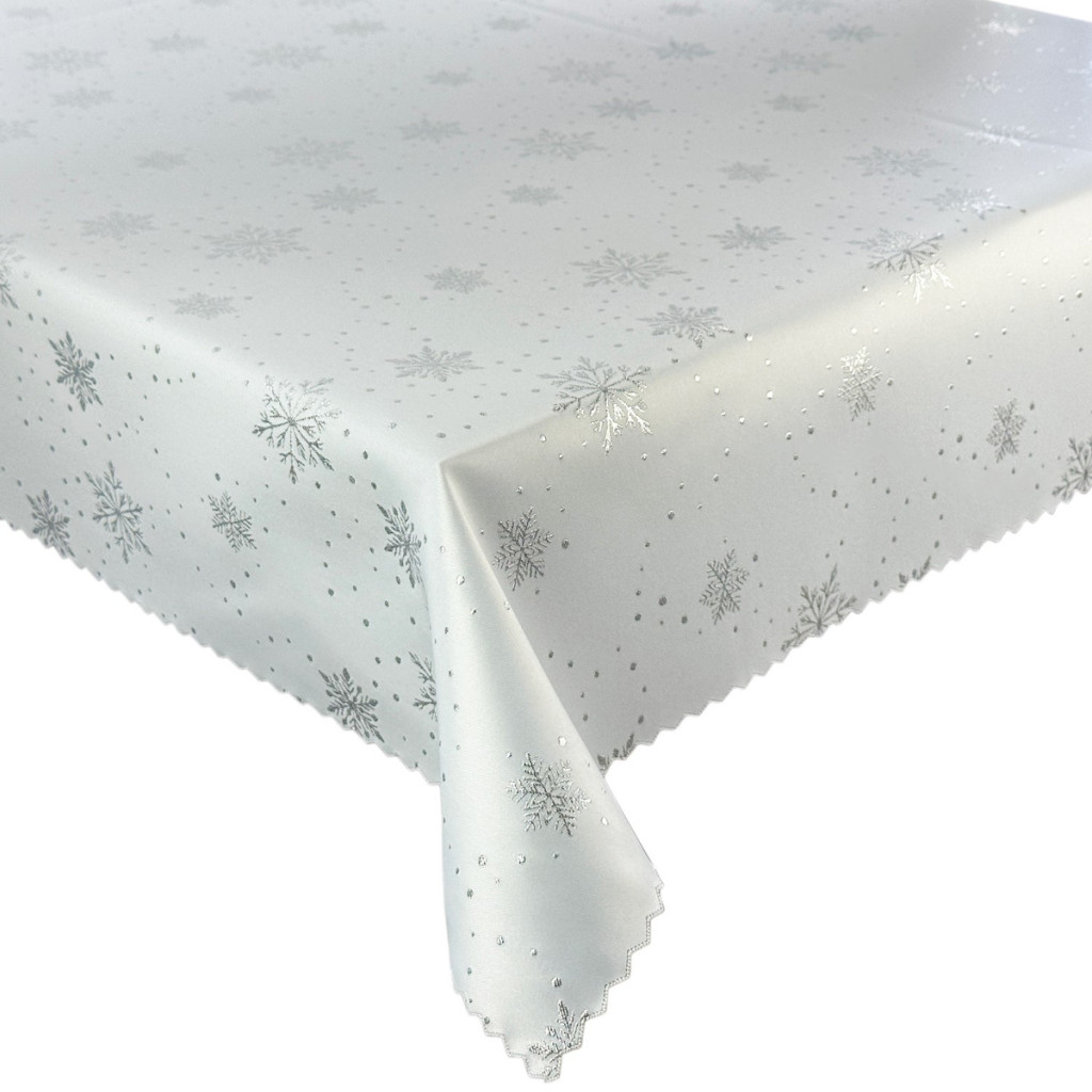 Image of Kétoldalas, foltálló karácsonyi hópelyhes - pöttyös terítő fehér - ezüst színű - 130x180 cm