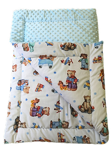 Kétoldalas pihe-puha baba takaró - 75 x 100 cm / baba kék - játék maci mintás