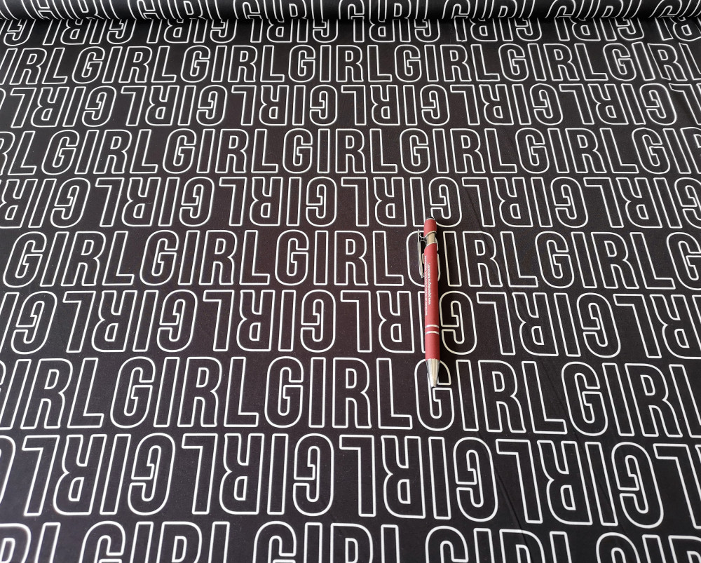 Fekete alapon girl feliratos műszálas jersey textil - 150 cm