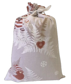 Textil karácsonyi ajándék tasak - 25x35 cm / barna páfrány - manó mintás