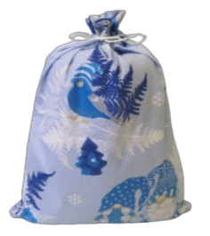 Textil karácsonyi ajándék tasak - 25x35 cm / kék manó - páfrány mintás