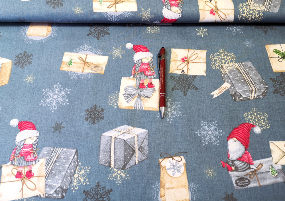 Kislány karácsonyi ajándékcsomag mintás pamutvászon szurkéskék alapon - 160 cm