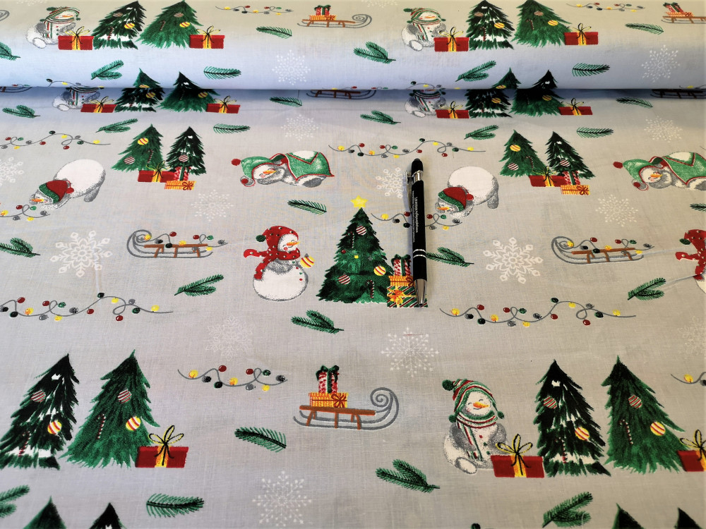 Hóember - fenyőfa mintás karácsonyi pamutvászon textil - szürke