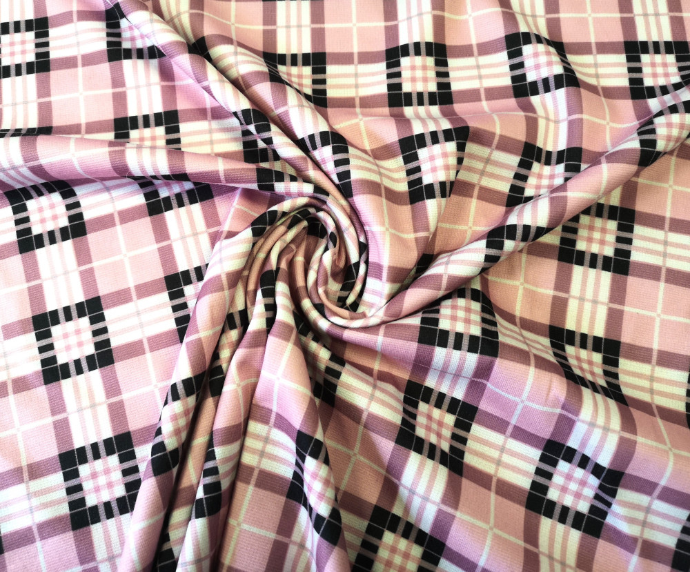 Rózsaszín - fekete kockás jersey textil - 150 cm 