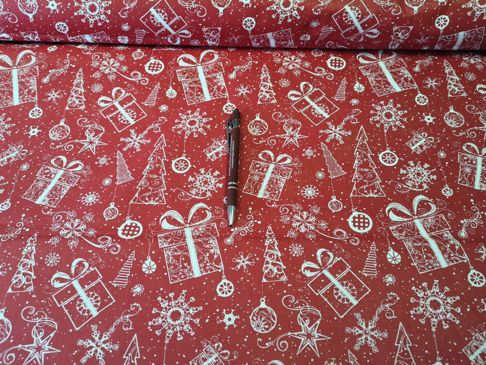 Karácsonyi mintás pamutvászon - 160 cm / piros alapon fehér karácsonyi motívumokkal