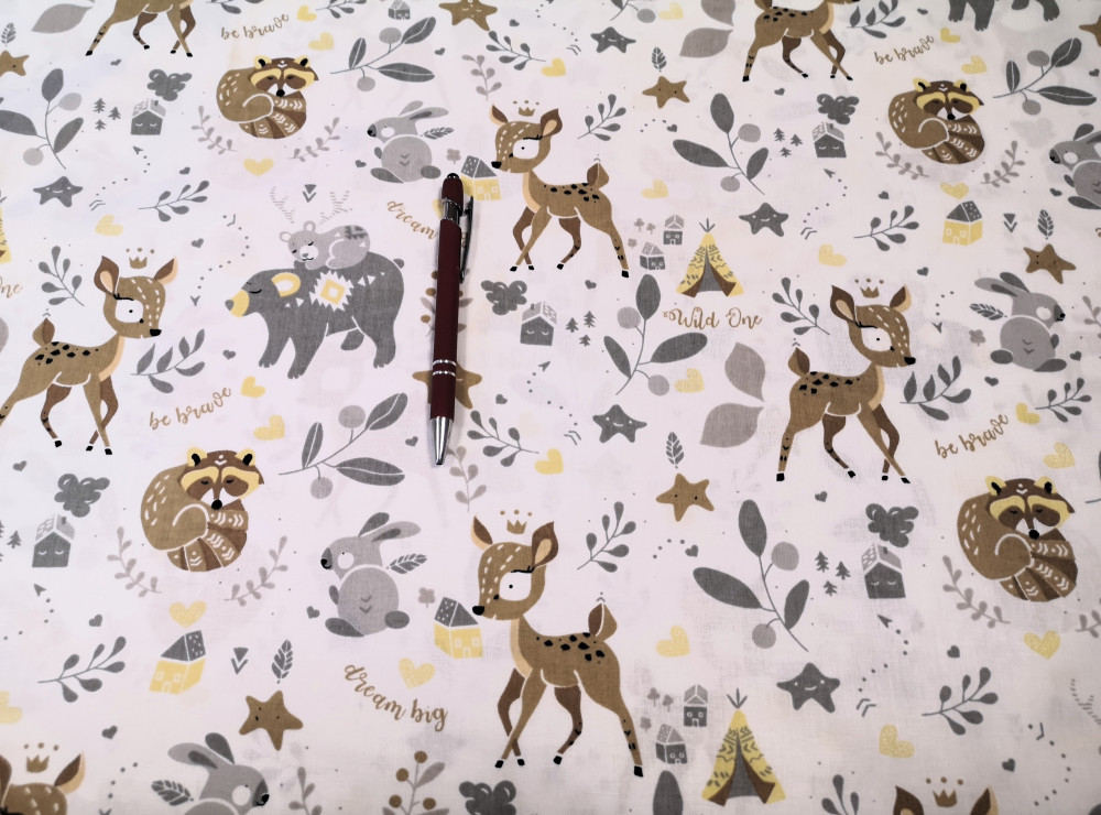 Pamutvászon textil - 160 cm / barna - szürke aranyos erdei állat mintás