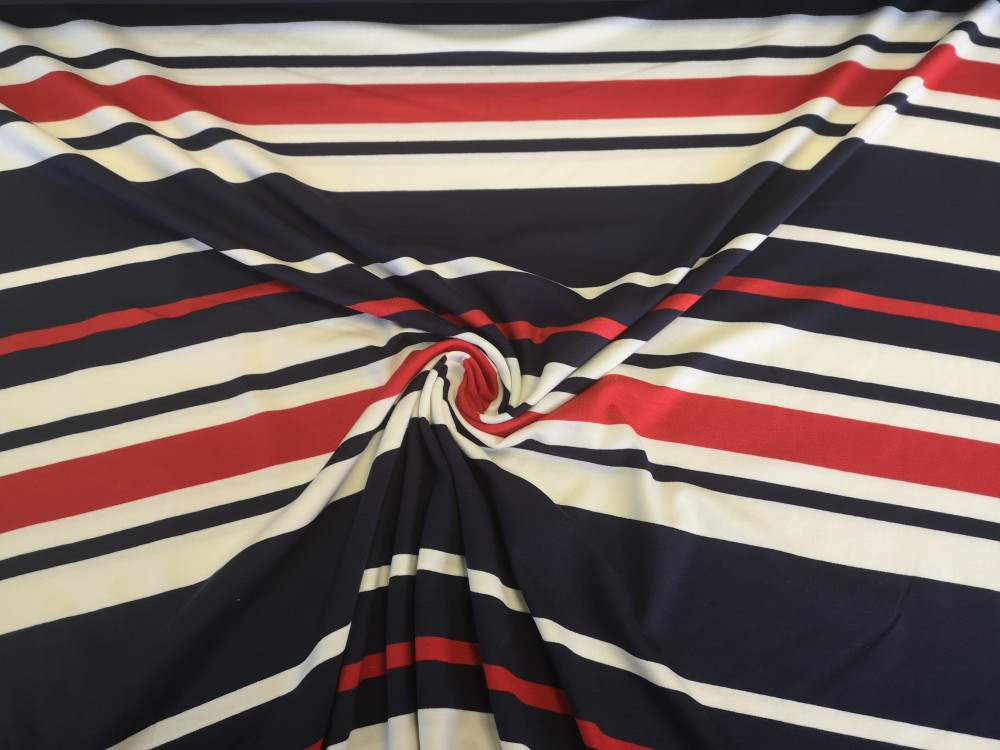 Piros - fehér - kék keresztbe csíkos jersey textil - 170 cm