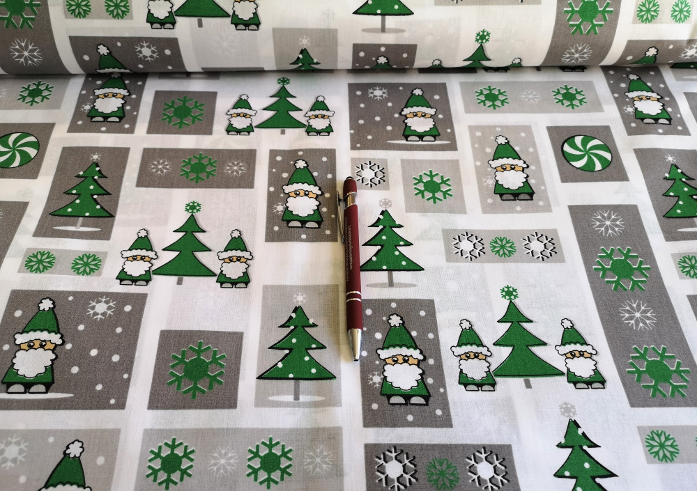 Mikulás képeslap mintás karácsonyi pamutvászon zöld - szürke -160 cm