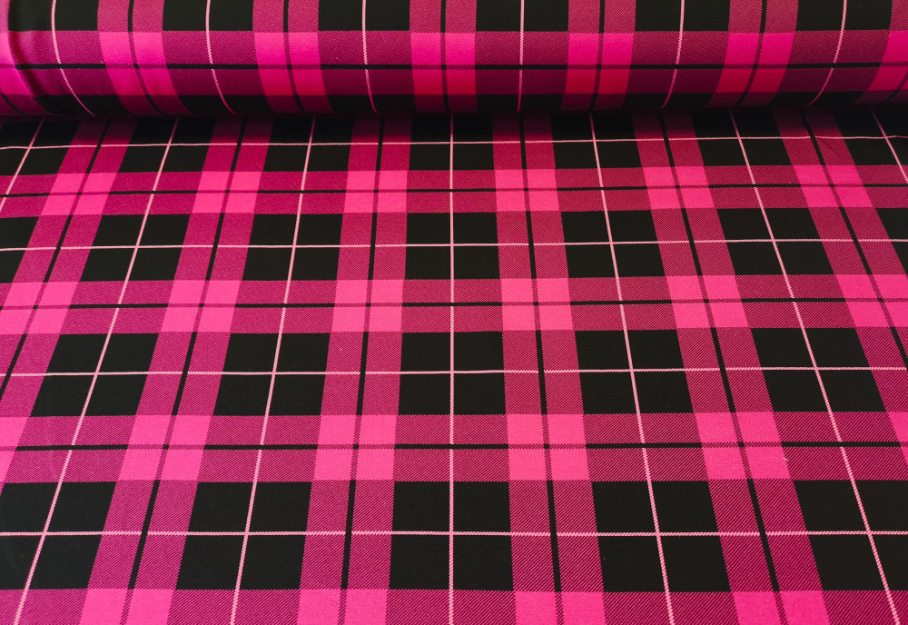 Pink - fekete kockás rugalmas futter textil - 170 cm 