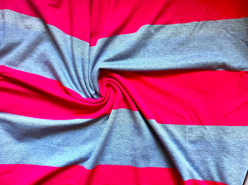 Piros - barna - fehér csíkos dísztűzött pamut - viscose jersey - 160x170 cm 