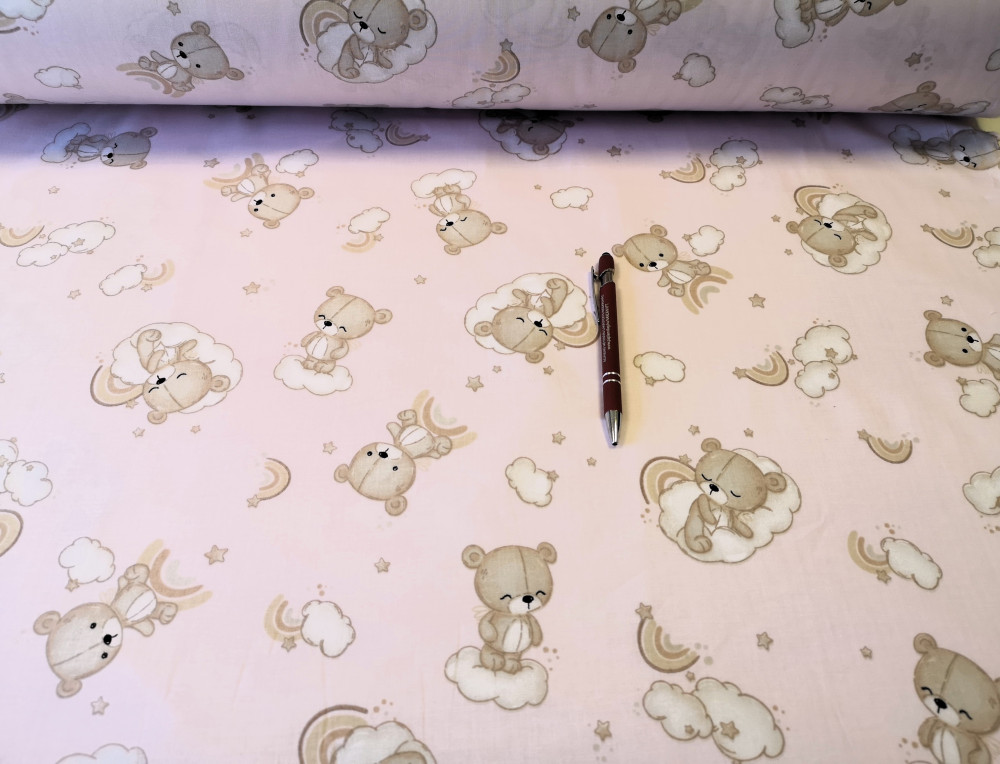Pamutvászon textil - méteráru - 160 cm / púder rózsaszín alapon maci - felhő mintás