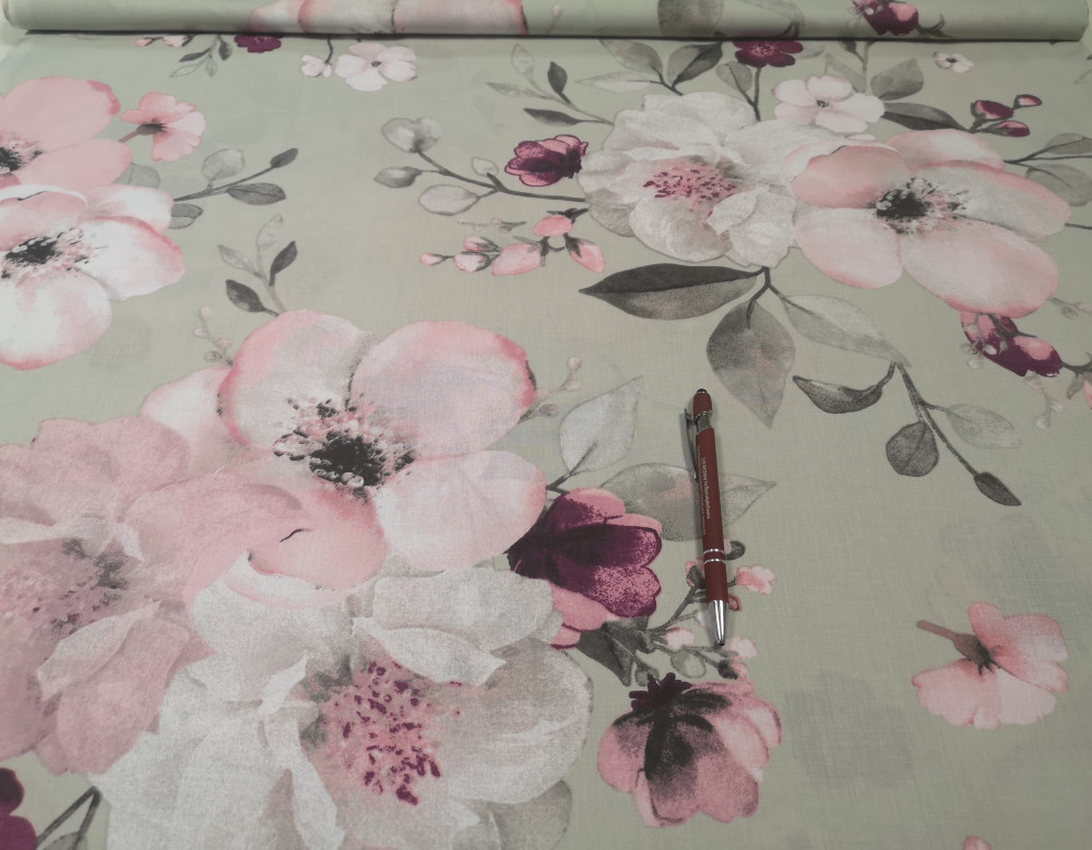 Pamutvászon textil - 160 cm / nagy cseresznyevirág mintás szürke alapon