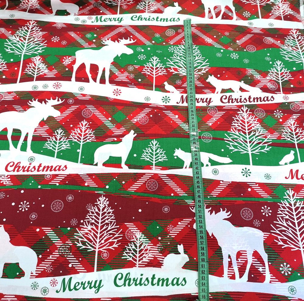 Karácsonyi Merry Christmas sávos mintás pamutvászon textil piros - fehér - zöld színű 160 cm
