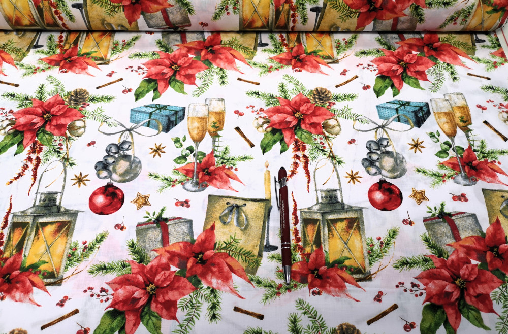 Pezsgős - Mikulás virágos karácsonyi pamutvászon textil - 160 cm 