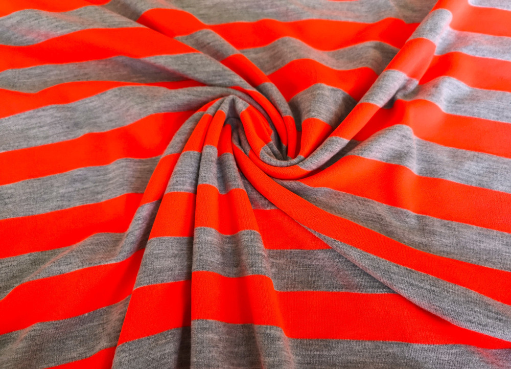 Szürke melange - narancssárga csíkos jersey textil - 170 cm